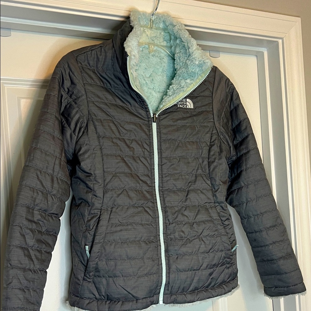The North Face Girl’s Charcoal Jacket with Light Blue Lining